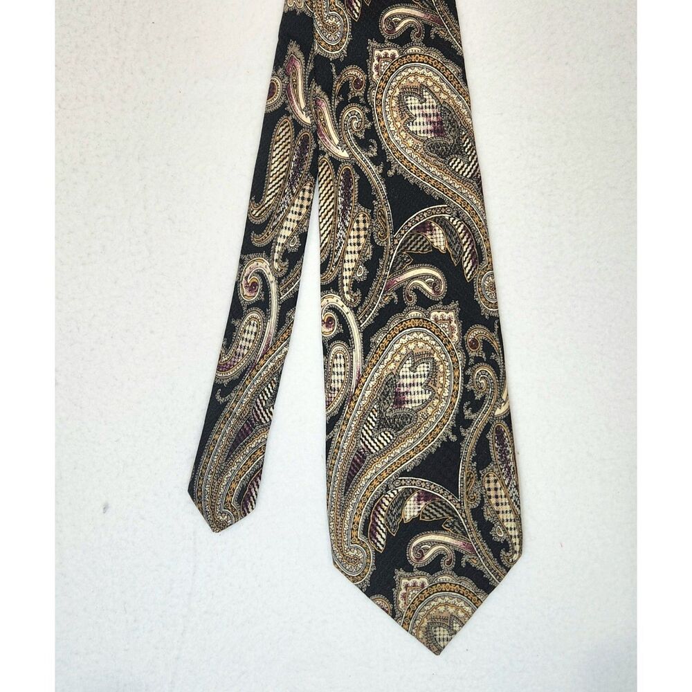 Robert Talbott Silk Necktie Paisley Black Gold Burgundy 3.75” Wide Made in USA